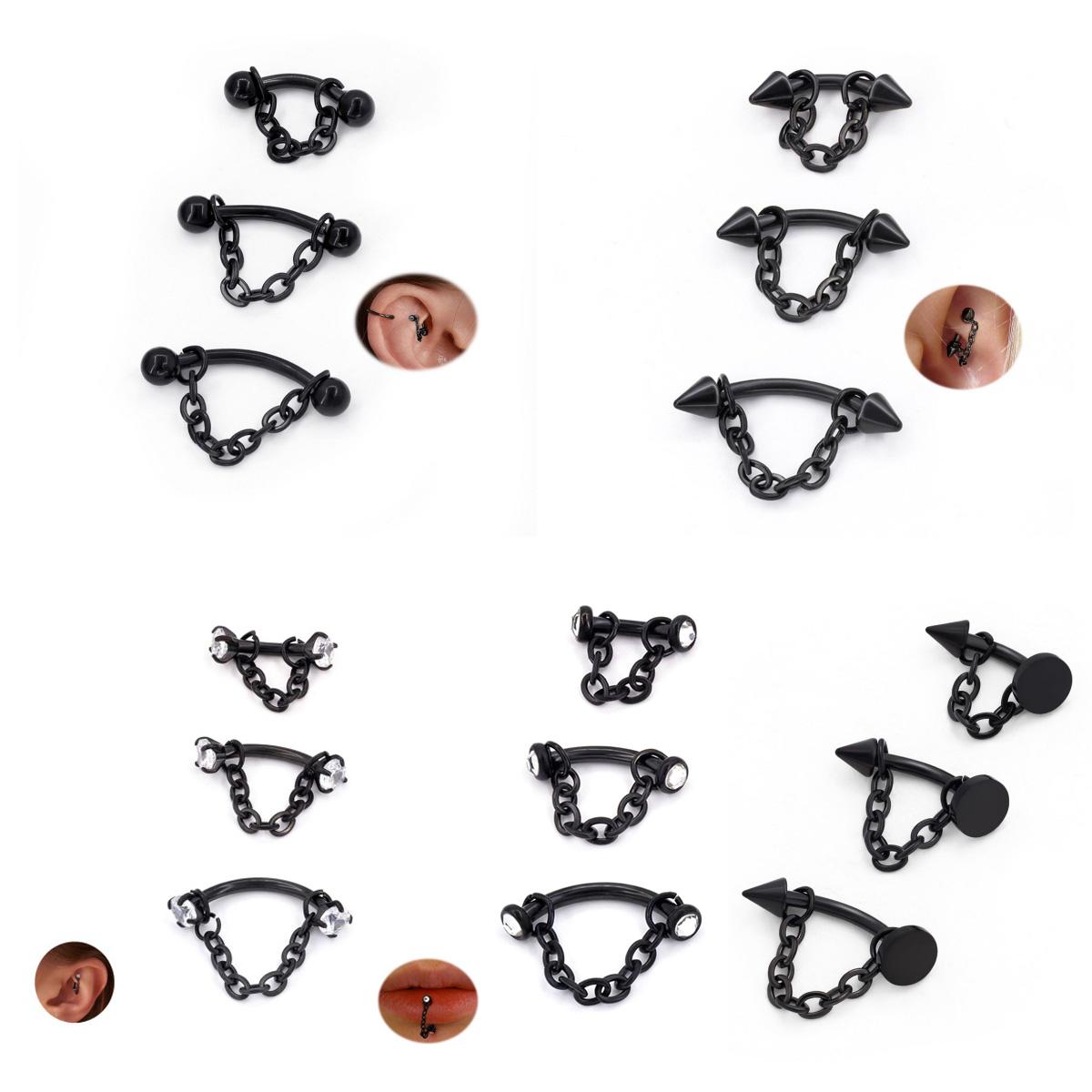 Body Jewelry Vertical Labret - 3er-Set Edelstahl 16G Ketten-Tragus-Helix-Rook-Piercing-Schmuck, Knorpelohrringe, Bauchnabelpiercing,