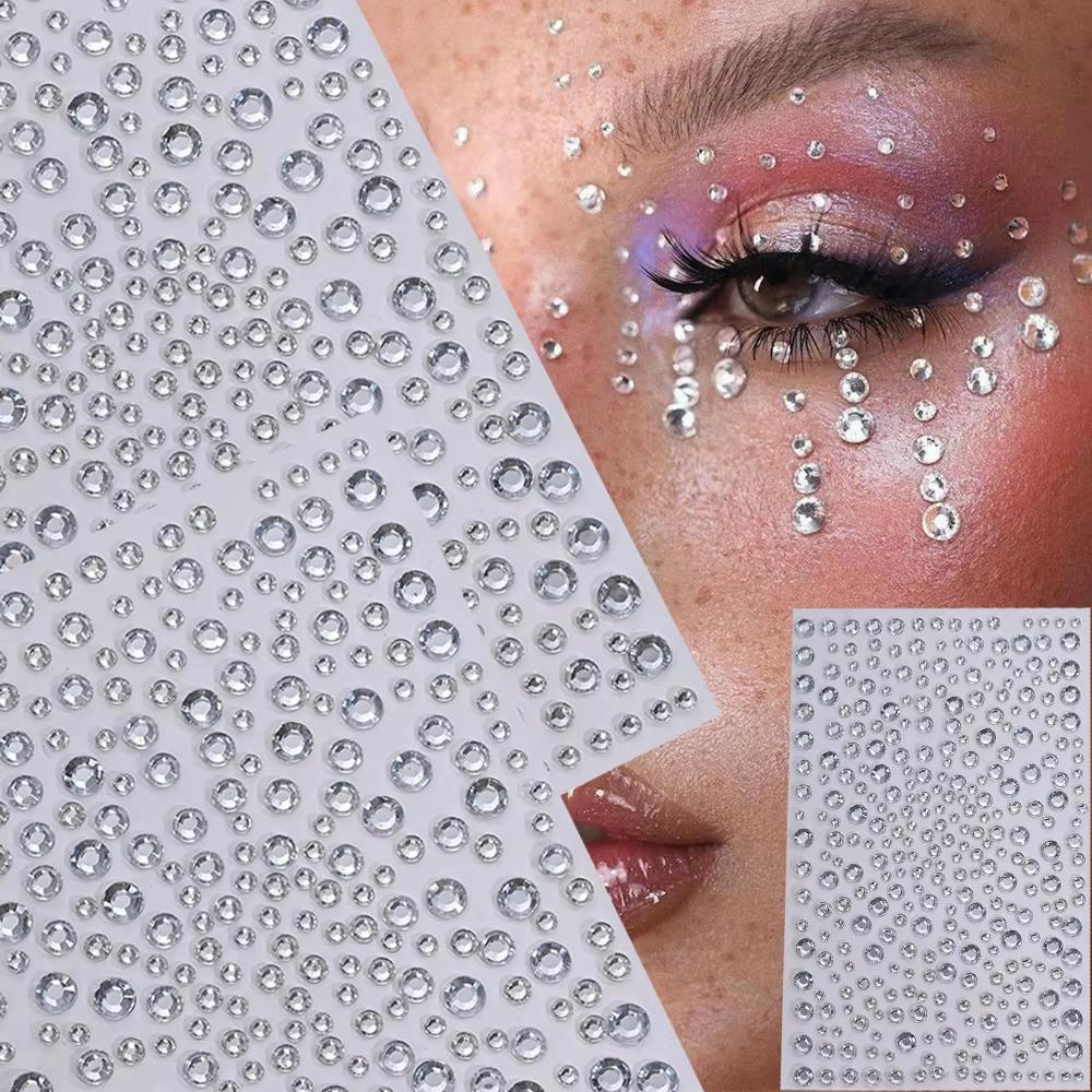 Body Jewelry Stickers - 1 Blatt silberweiße Glitzer-3D-Strass-Gesichtsaufkleber, 3/4/5/6 mm,