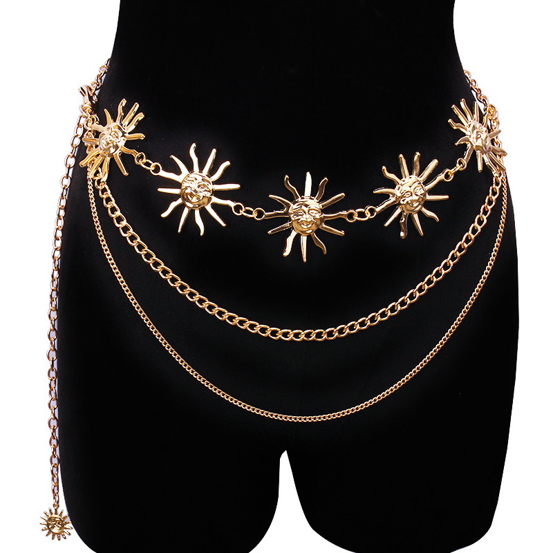 Qualiti Body Jewelry - Klobige mehrschichtige Punk-Gothic-Mond-Sonnen-Taillenkette, Metall-Taillengürtel für Frauen,