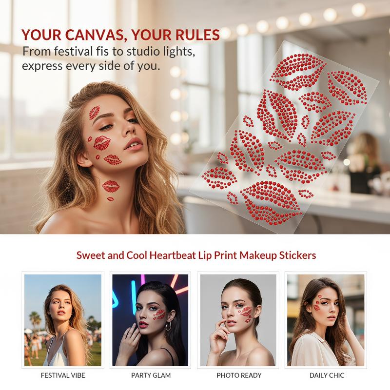 Body Jewelry Stickers - 1 Blatt Realistischer Roter Kuss-Lippen-Strass-Aufkleber Sexy