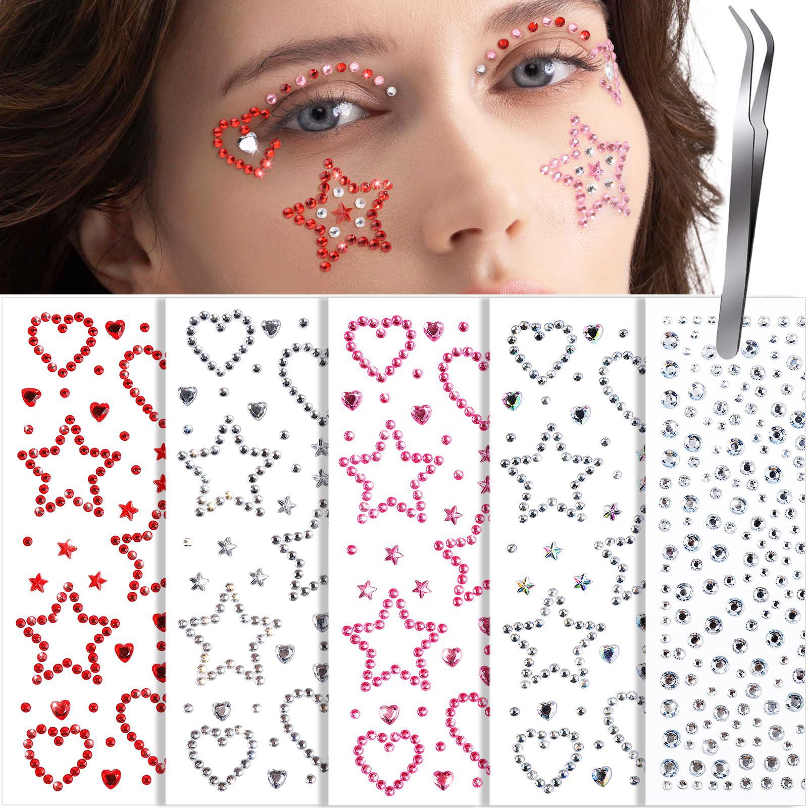 Body Jewelry Stickers - Gesichts-Edelsteine, Gesichts-Strass, Stern- und Herzformen, Selbstklebende