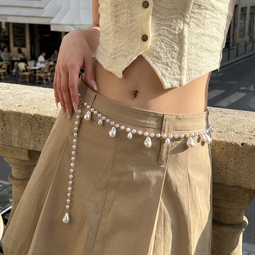 Body Jewelry Unique - Luxuriöse französische Doppelschicht-Perlen-Taillenkette für Damen –